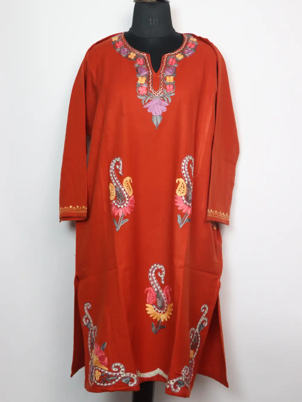 Cashmilon Wool Rust Pheran with Badamwari Booti Aari and Zari Embroidery