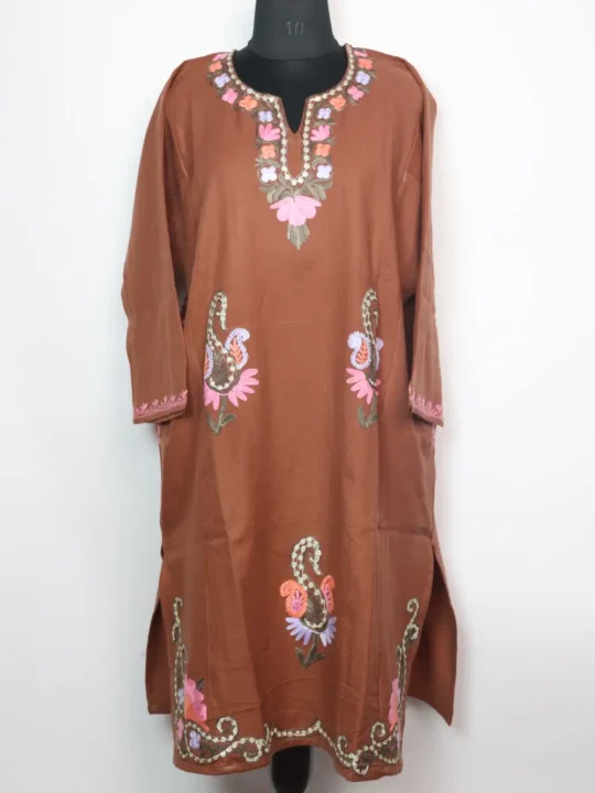 Cashmilon Wool Brown Pheran with Badamwari Booti Aari and Zari Embroidery