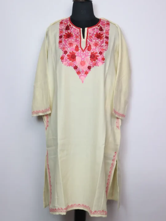 Cream Pheran with Aari Embroidery in Hazratbal Cashmilon Wool