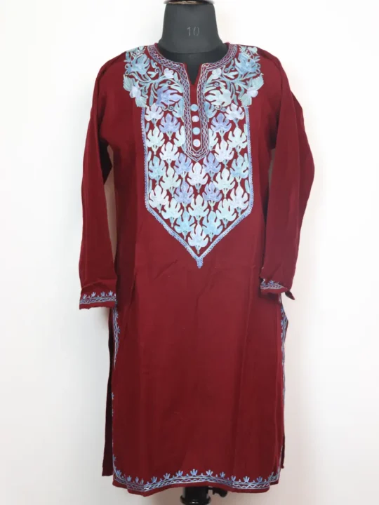 Maroon Woolen Long Kurti Daniya in Cashmilon with Aari Work
