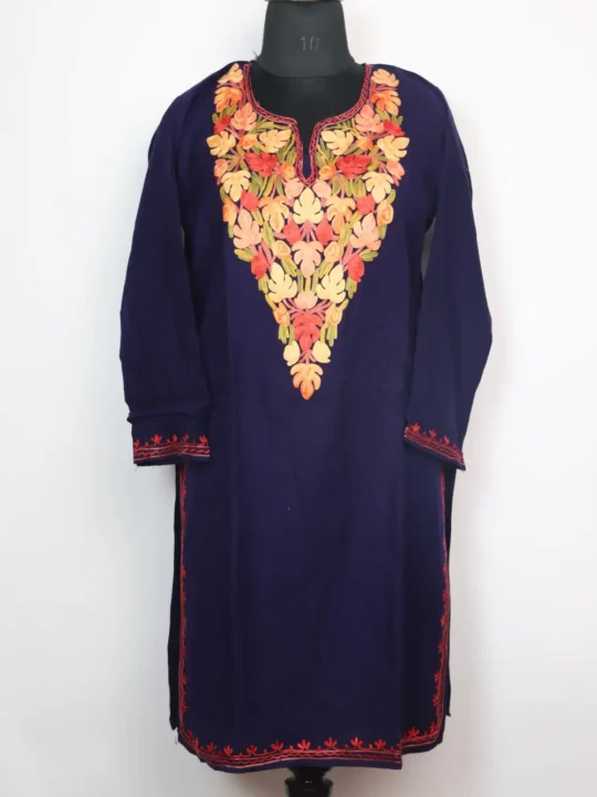 Dark Blue Embroidered Long Kurti Faiqa with Aari in Cashmilon Wool