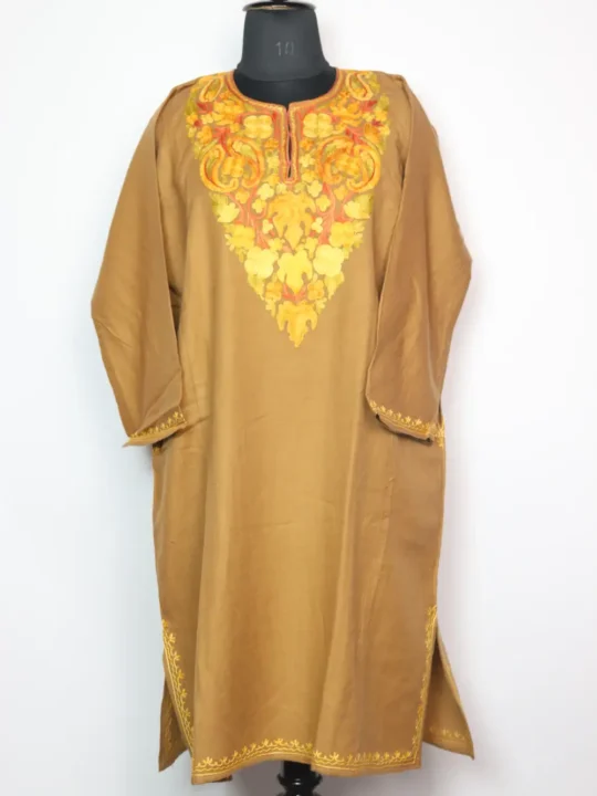 Cashmilon Wool Insaf Beige Pheran with Sleeve Aari Embroidery