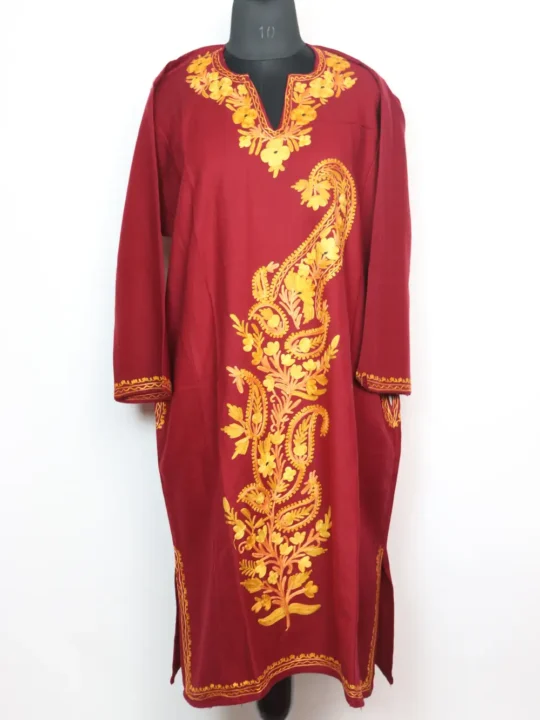 Maroon Woolen Pheran Embroidered with Aari in Cashmilon Jasmin