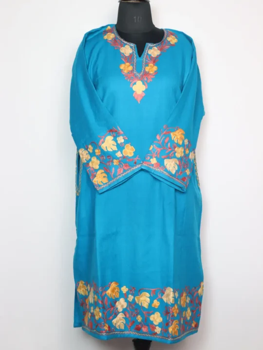 Cashmilon Wool Blue Pheran with Sleeve and Daman Aari Embroidery Taskeen