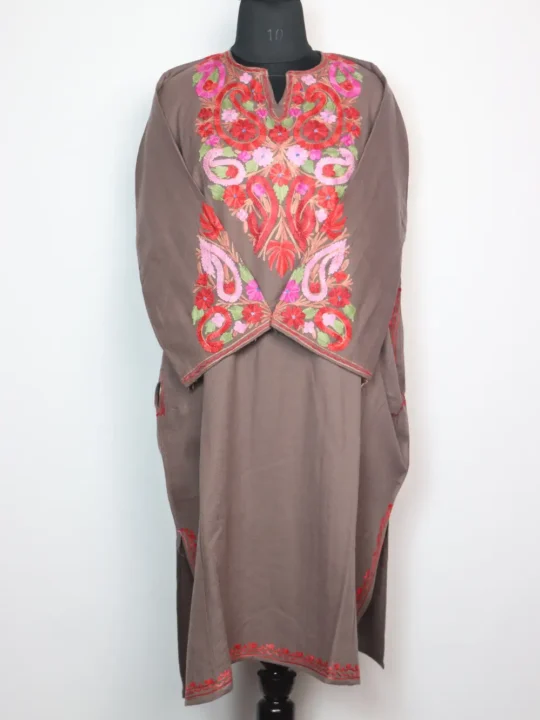 Beige Cashmilon Wool Pheran with Ziya Sleeve Point Aari Embroidery