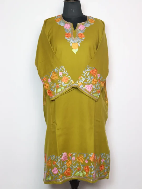 Mehndi Green Cashmilon Wool Pheran with Sleeve and Daman Aari Embroidery