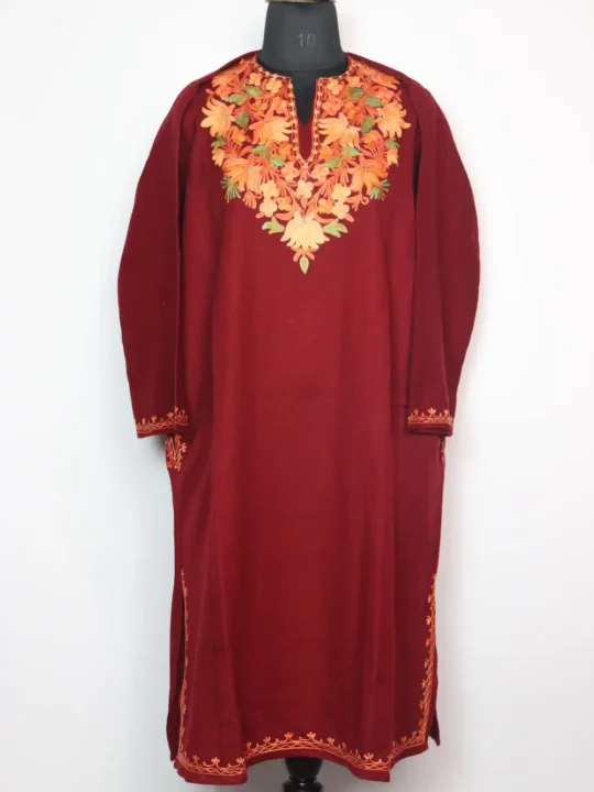Cashmilon Wool Maroon Pheran Dress Numaish with Aari Embroidery