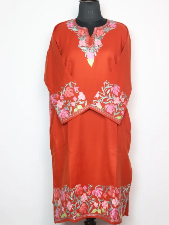 Rustic Copper Cashmilon Wool Pheran with Sleeve and Daman Aari Embroidery