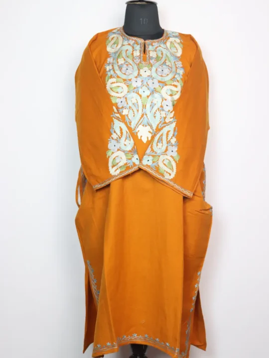 Wasiyat Mustard Cashmilon Wool Pheran with Sleeve Point Aari Embroidery