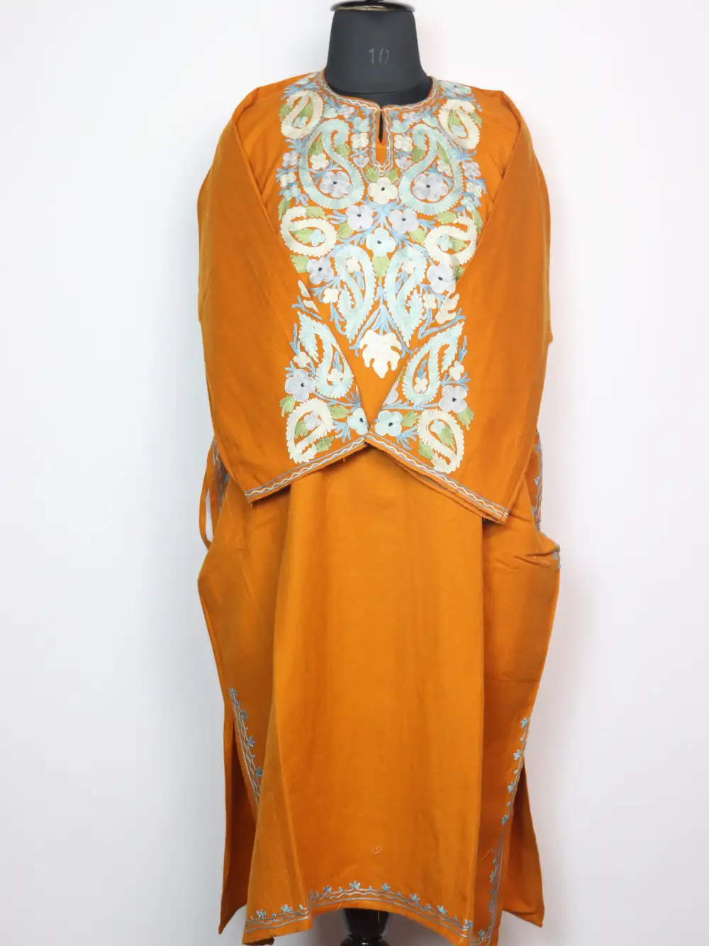 Wasiyat Mustard Cashmilon Wool Pheran with Sleeve Point Aari Embroidery