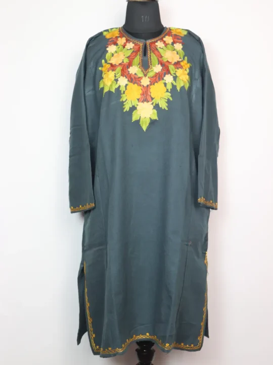 Cashmilon Wool Dark Grey Pheran with Lamha Aari Embroidery