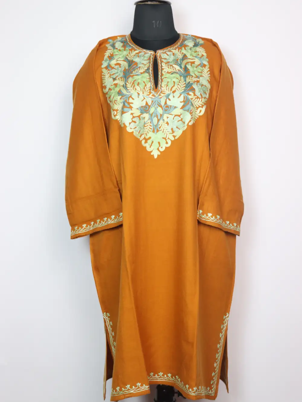 Mustard Cashmilon Wool Pheran with Aari Embroidery Gulraz
