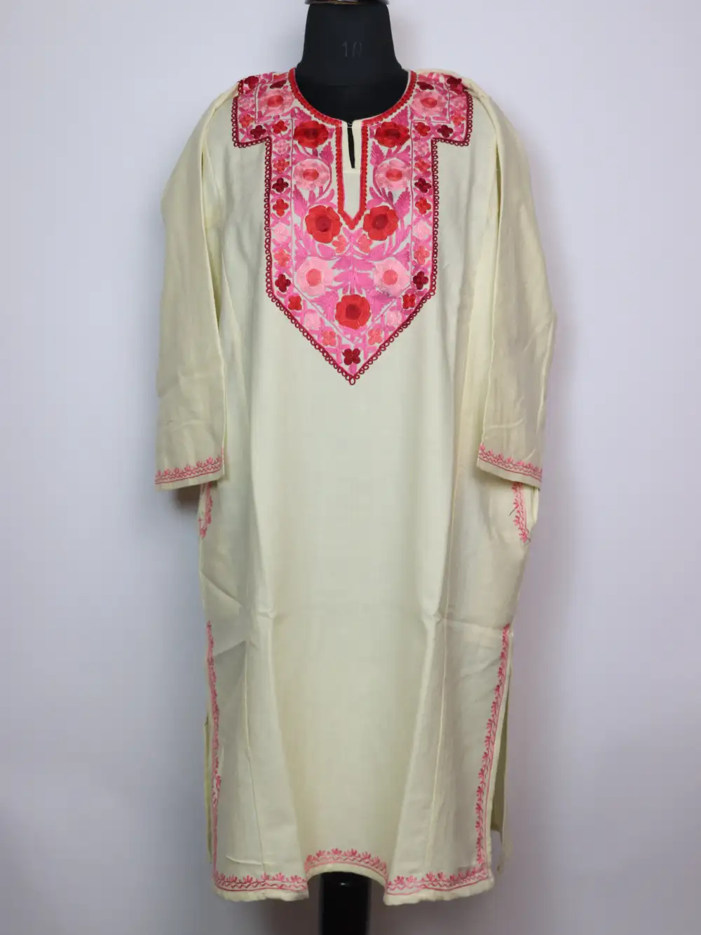 Cream Pheran in Cashmilon Wool Embroidered with Aari Buchpora - Image 4