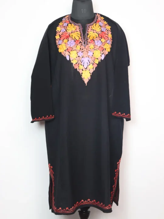 Cashmilon Wool Black Pheran Dress with Aari Embroidery Khumar