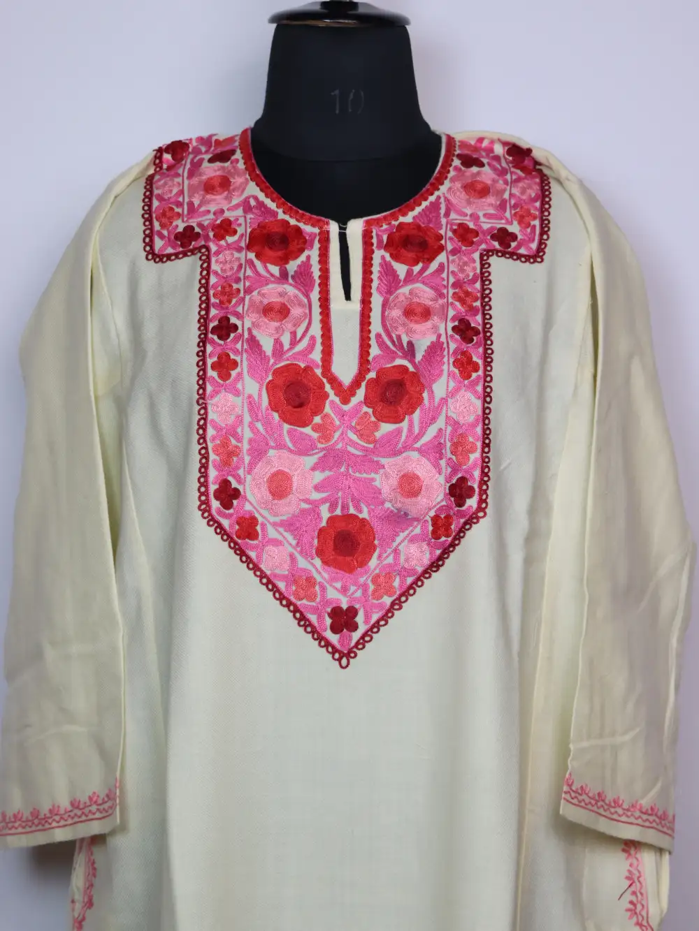 Cream Pheran in Cashmilon Wool Embroidered with Aari Buchpora - Image 2