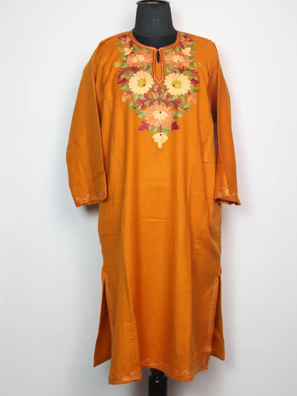 Mustard Cashmilon Wool Pheran with Aari Embroidery Verinag