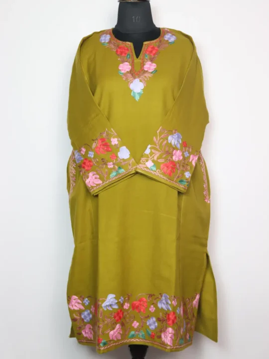 Baraan Cashmilon Wool Mehndi Green Pheran with Sleeve and Daman Aari Embroidery