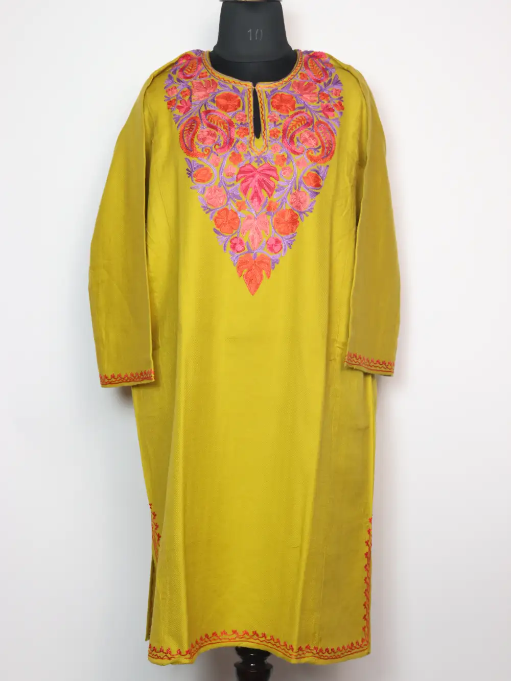 Mehndi Green Cashmilon Wool Pheran Dress with Ulfat Aari Embroidery