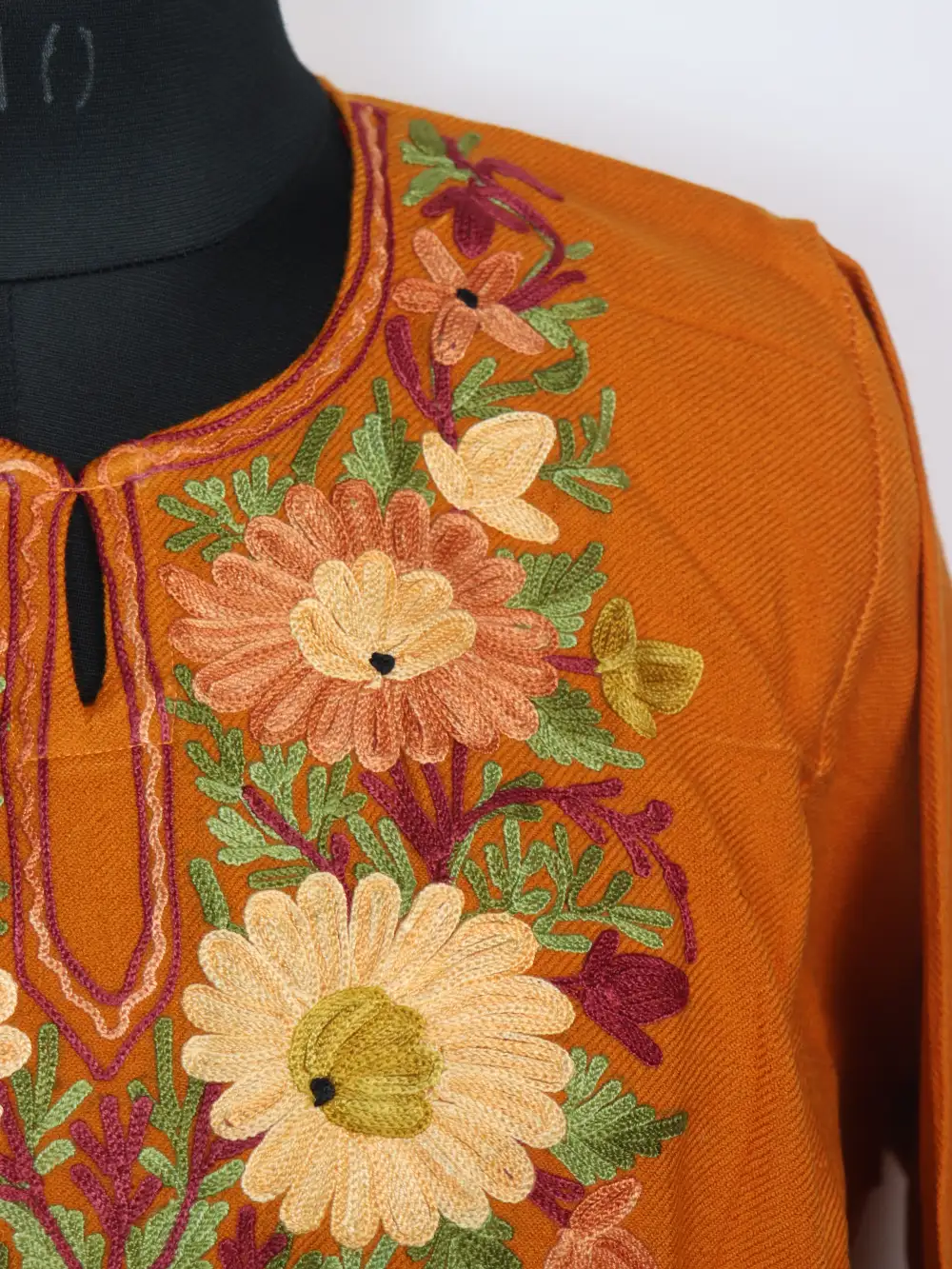 Mustard Cashmilon Wool Pheran with Aari Embroidery Verinag - Image 3