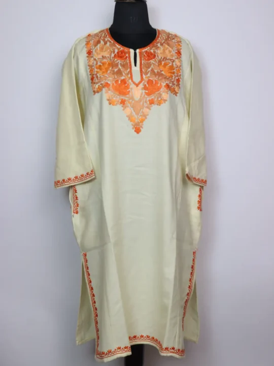 Cream Buchpora Pheran in Cashmilon Wool with Aari Embroidery