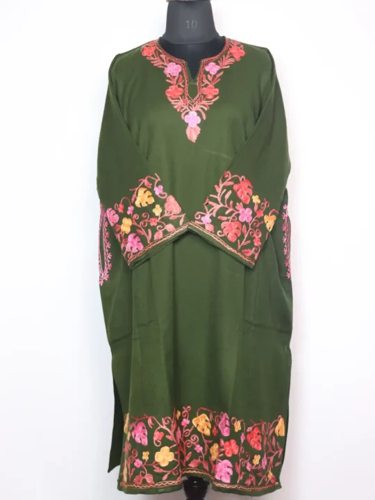 Jungle Green Cashmilon Wool Pheran with Sleeve and Daman Aari Embroidery