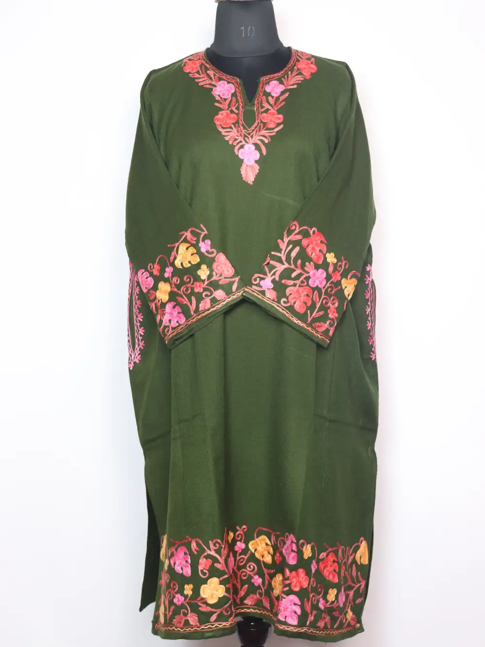 Jungle Green Cashmilon Wool Pheran with Sleeve and Daman Aari Embroidery