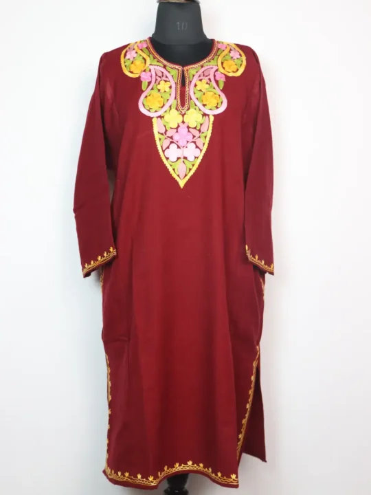 Nazr Maroon Cashmilon Wool Pheran with Aari Embroidery