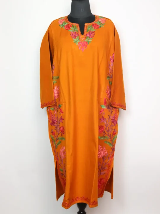 Embroidered Mustard Pheran Urwa with Aari in Cashmilon Wool