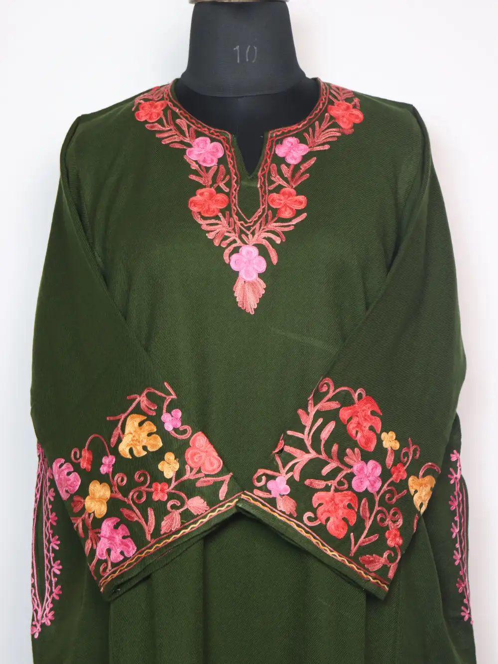 Jungle Green Cashmilon Wool Pheran with Sleeve and Daman Aari Embroidery - Image 2