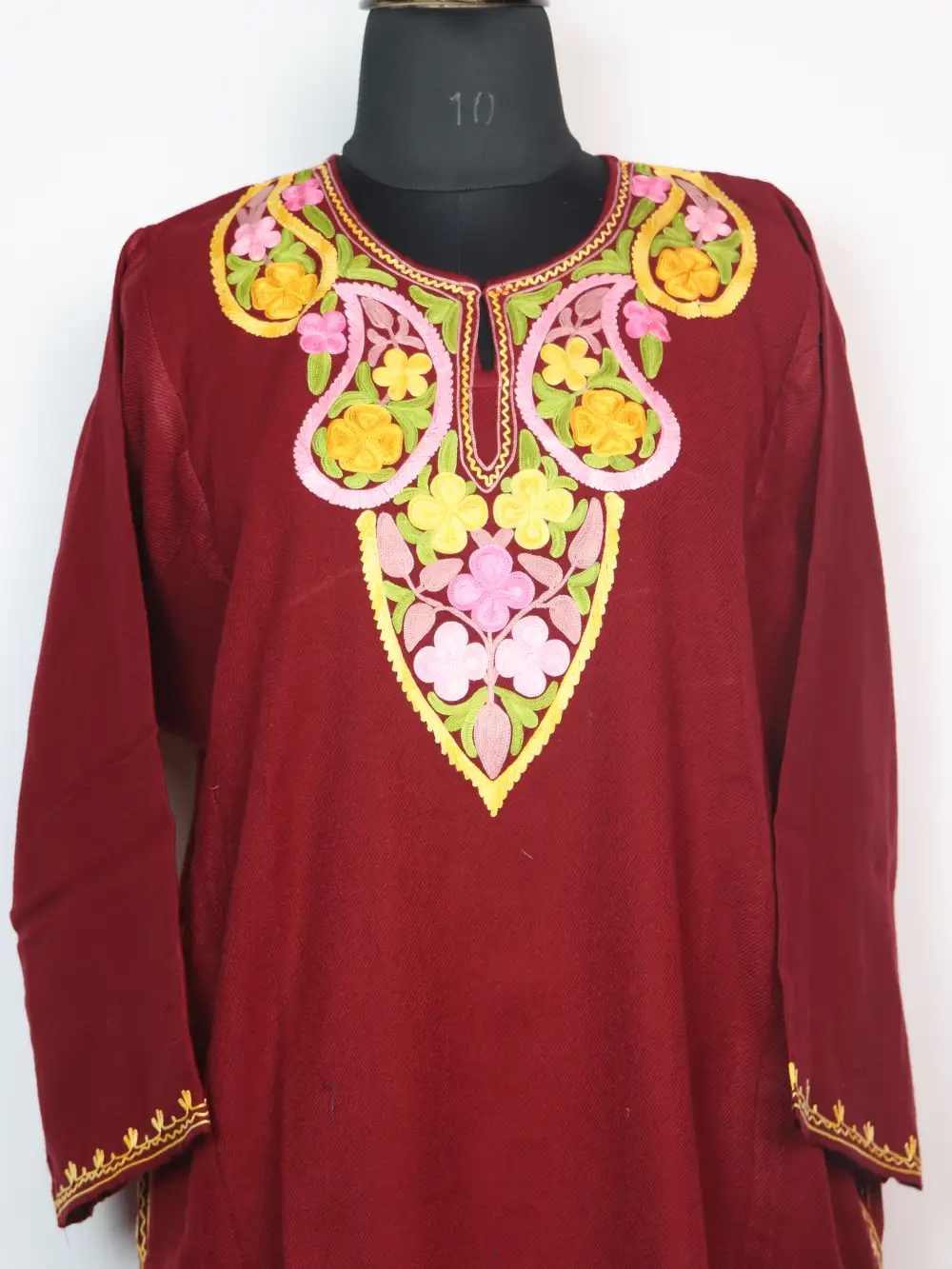 Nazr Maroon Cashmilon Wool Pheran with Aari Embroidery - Image 2