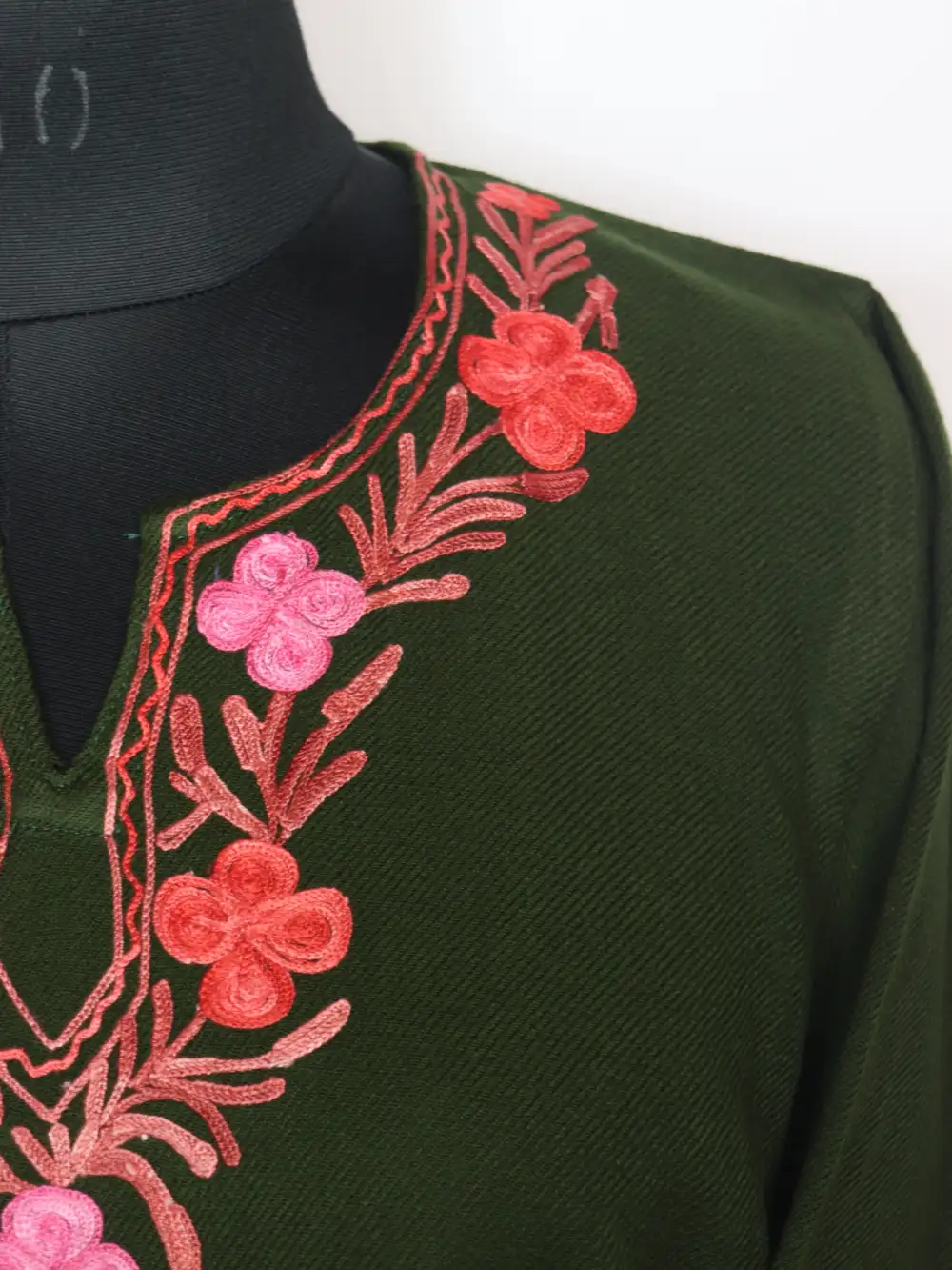 Jungle Green Cashmilon Wool Pheran with Sleeve and Daman Aari Embroidery - Image 3