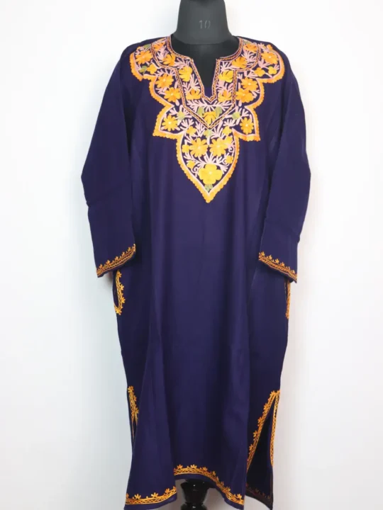 Verinag Cashmilon Wool Midnight Blue Pheran with Aari Embroidery