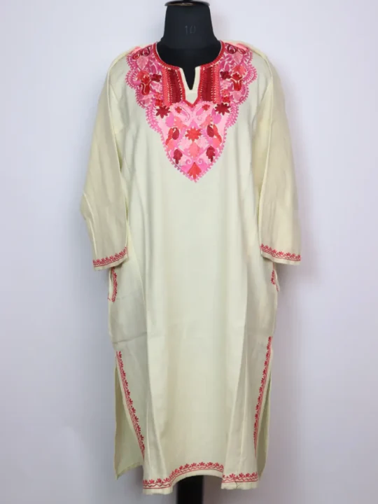 Embroidered Cream Pheran with Aari in Cashmilon Wool Buchpora