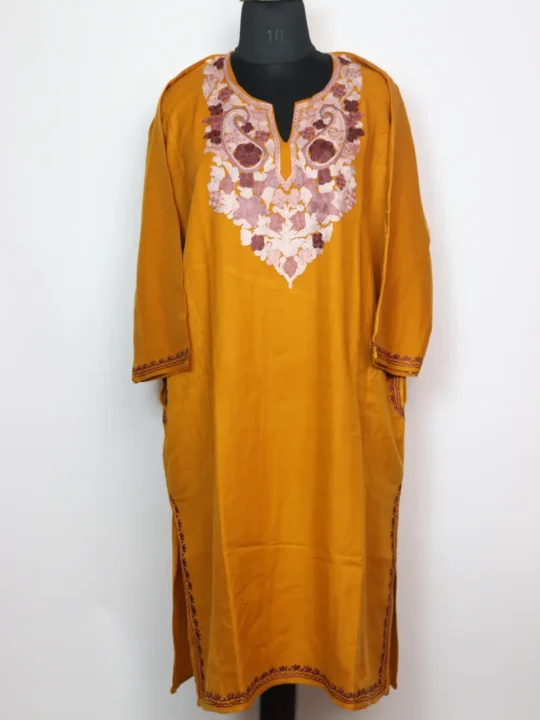 Mustard Pheran Embroidered with Aari in Cashmilon Wool Buchpora