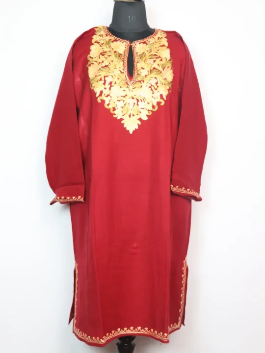 Cashmilon Wool Maroon Nighat Pheran with Aari Embroidery