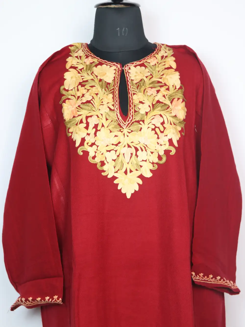 Cashmilon Wool Maroon Nighat Pheran with Aari Embroidery - Image 2