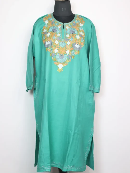 Sea Green Cashmilon Wool Pheran with Aari Embroidery Lolaab