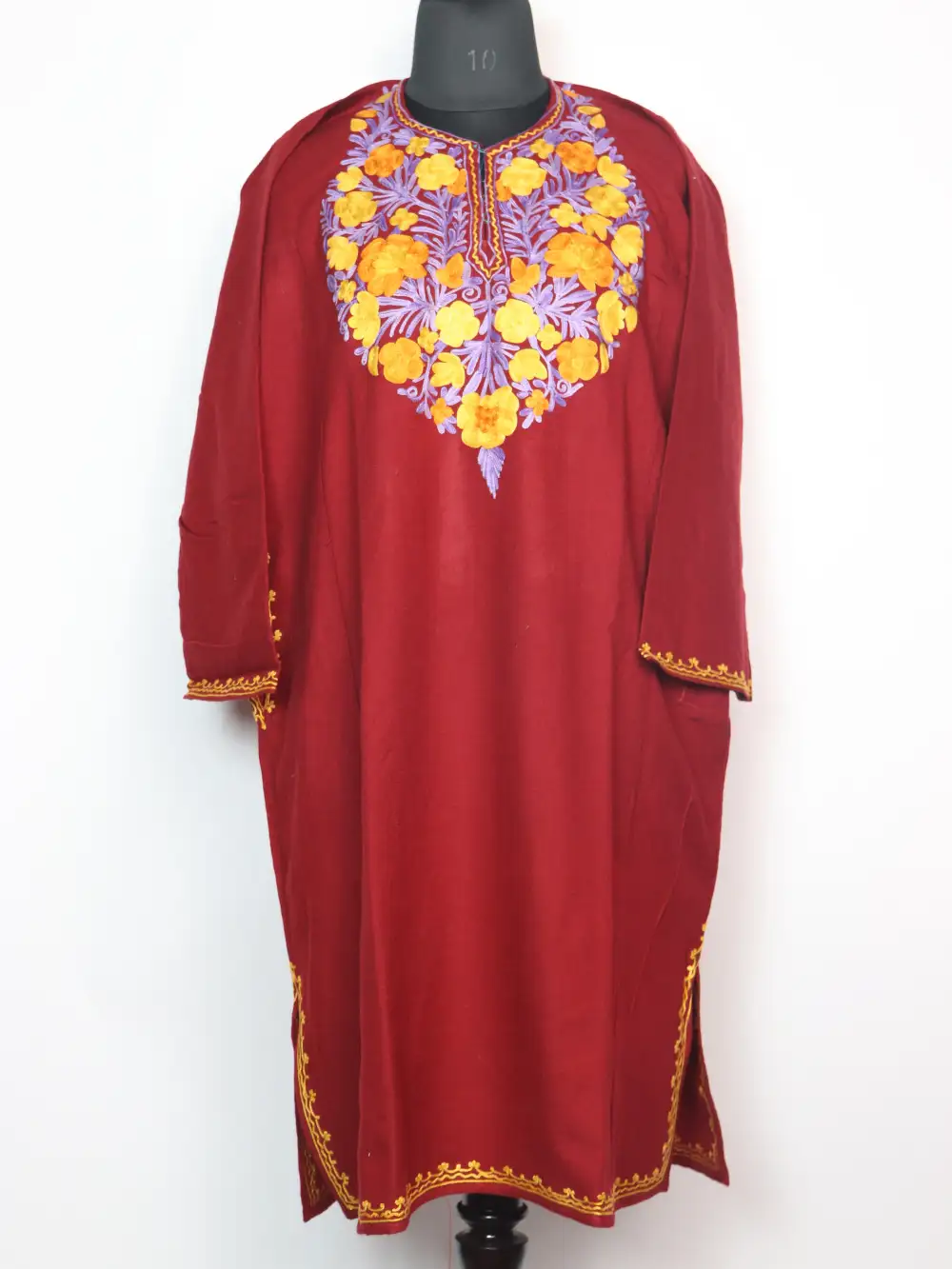 Afsana Cashmilon Wool Pheran Dress in Maroon with Aari Embroidery