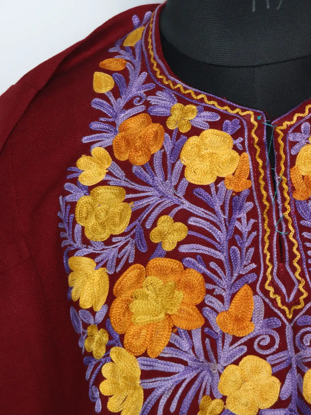 Afsana Cashmilon Wool Pheran Dress in Maroon with Aari Embroidery - Image 3