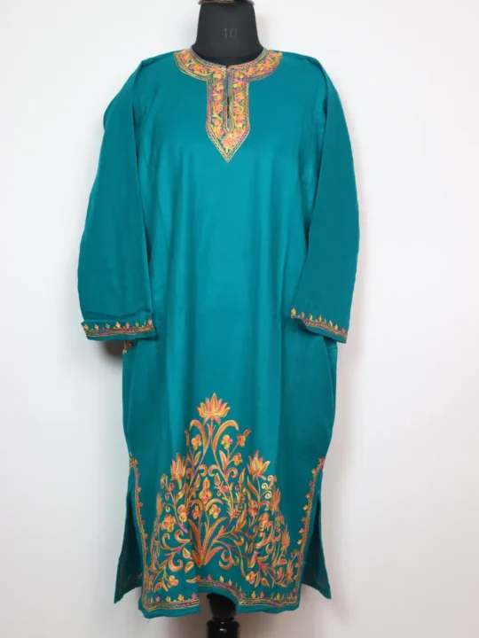 Dildar Rama Green Pheran in Cashmilon Wool with Aari Work