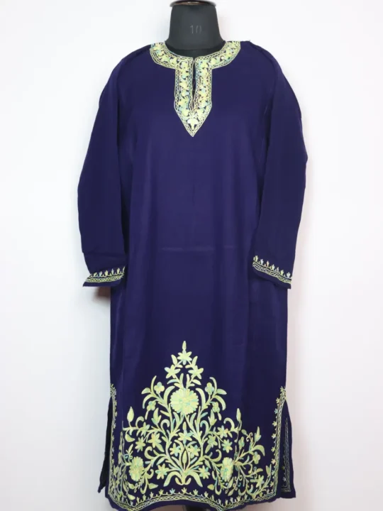 Dark Blue Pheran in Cashmilon Wool with Aari Work Zameer