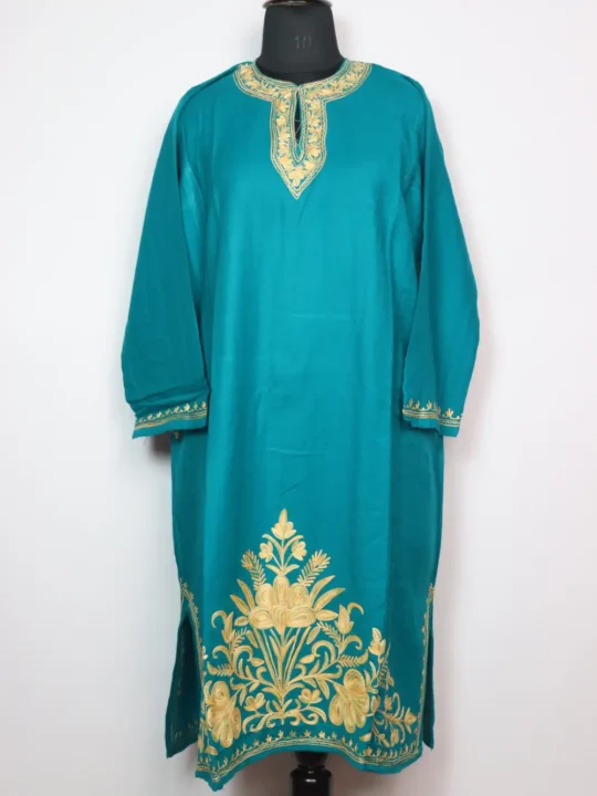 Gulrang Rama Green Pheran in Cashmilon Wool with Aari Embroidery