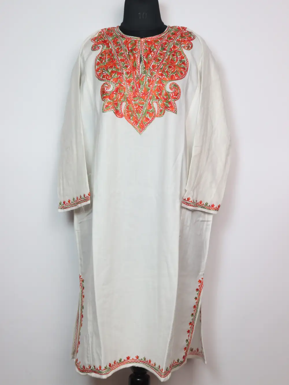 Badam White Pheran in Cashmilon Wool with Aari Embroidery