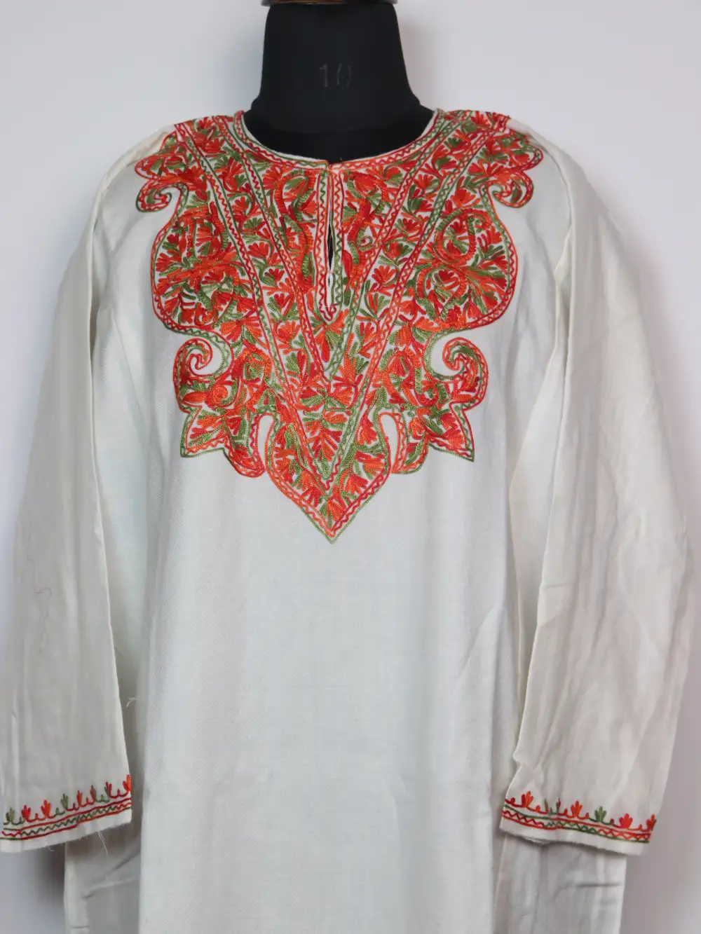 Badam White Pheran in Cashmilon Wool with Aari Embroidery - Image 2