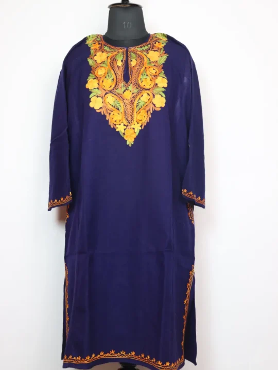 Cashmilon Wool Dark Blue Naram Pheran with Aari Embroidery