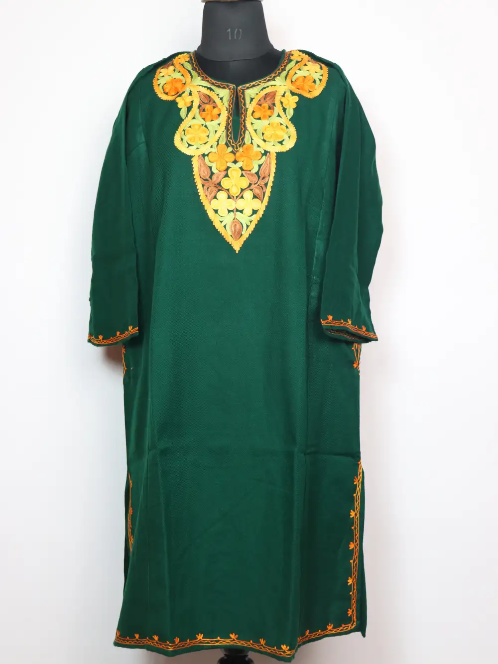 Dark Green Nafees Cashmilon Wool Pheran with Aari Embroidery