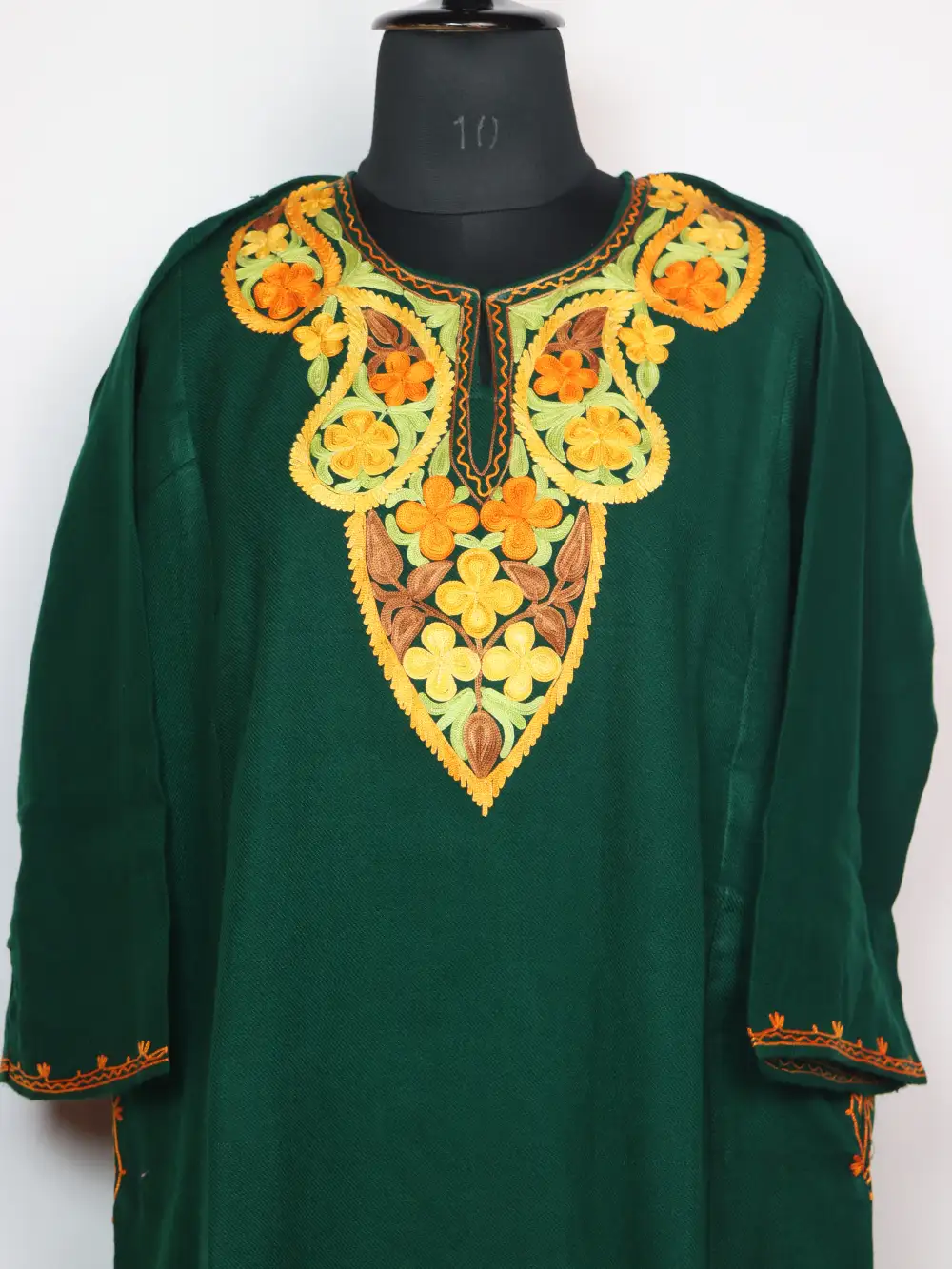 Dark Green Nafees Cashmilon Wool Pheran with Aari Embroidery - Image 2
