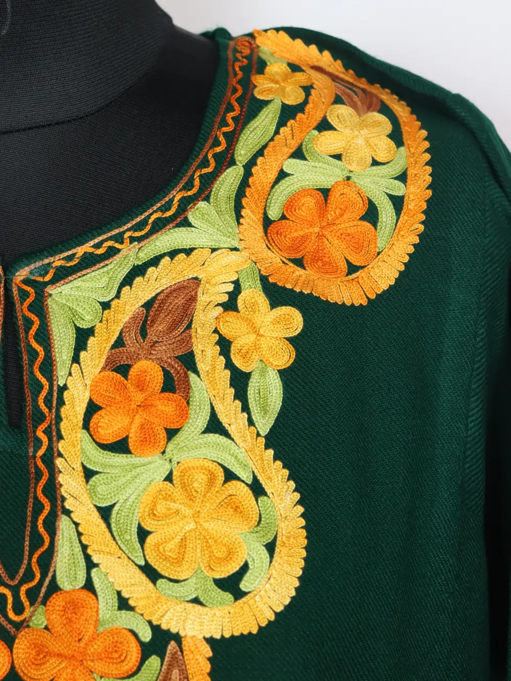 Dark Green Nafees Cashmilon Wool Pheran with Aari Embroidery - Image 3