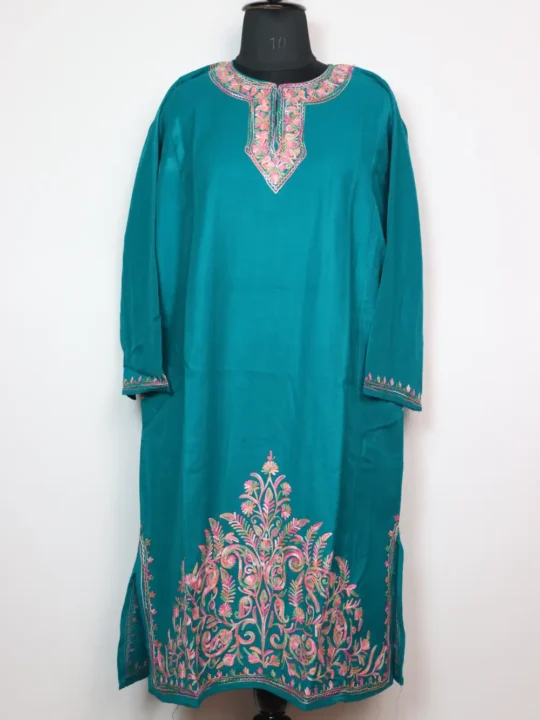 Rama Green Cashmilon Wool Black Pheran with Aari Embroidery Iltija