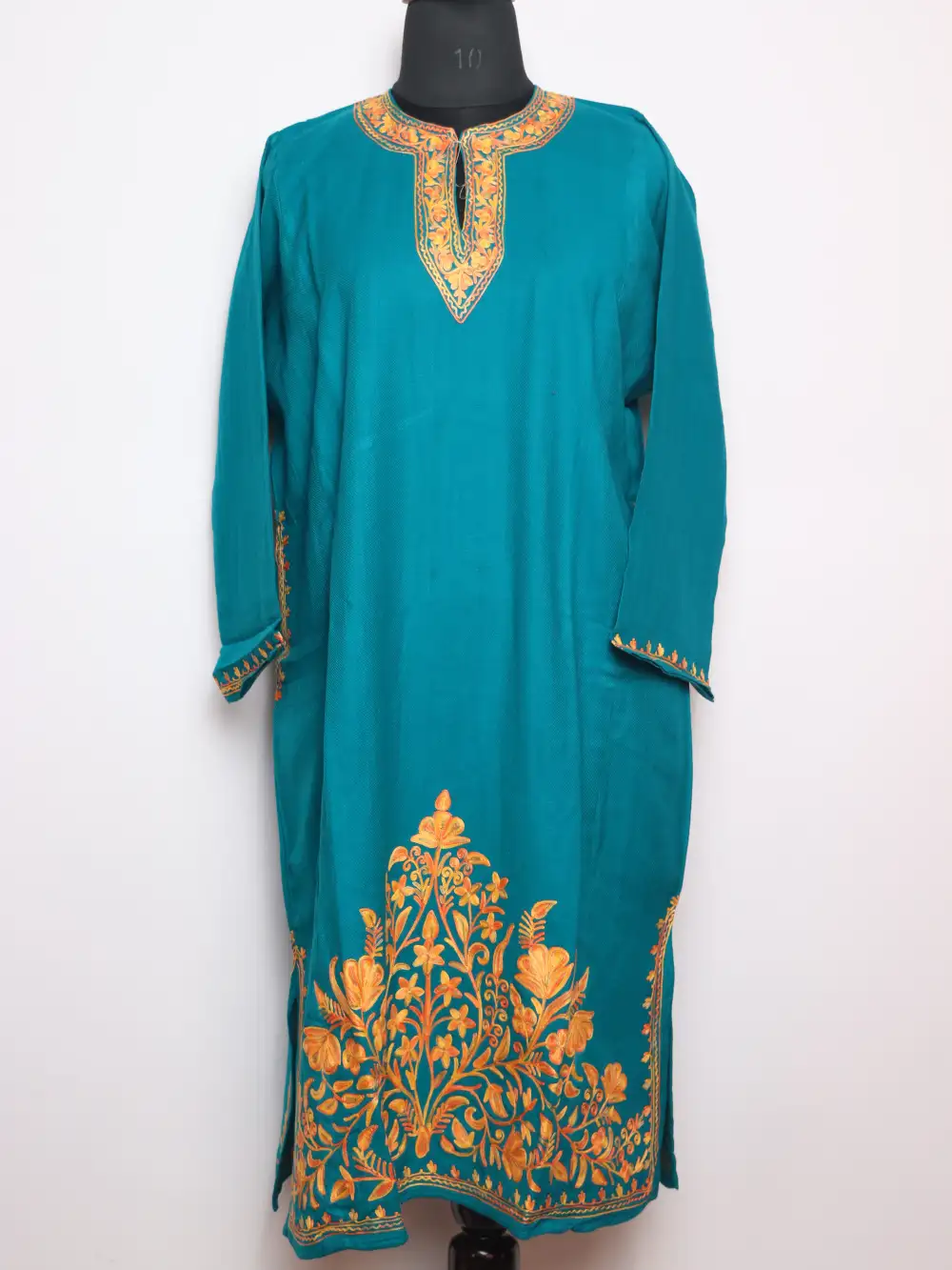 Nidah Rama Green Kashmiri Pheran in Cashmilon Wool with Aari Work